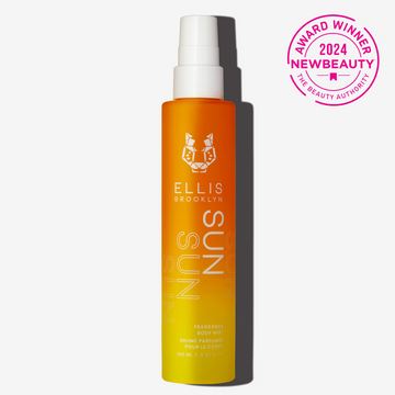 Sun Hair and Body Fragrance Mist 100ml on white background with pink 2024 New Beauty Award Winner The Beauty Authority badge. | english_image