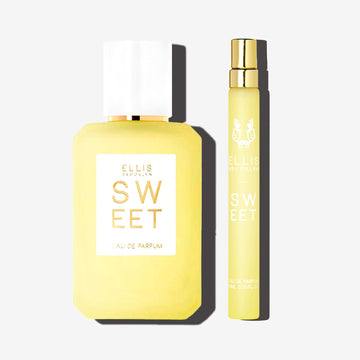 Sweet 50ml Eau De Parfum 50ml and Sweet 10ml Eau De Parfum Travel Spray on white background. | english_image