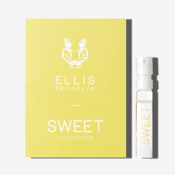 Sweet 1.5ml Eau De Parfum Vial next to yellow Sweet Eau De Parfum vial holder card. | english_image