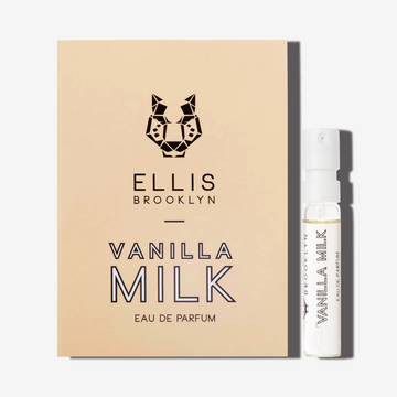 Vanilla Milk 1.5ml Eau De Parfum Vial next to beige Vanilla Milk Eau De Parfum vial holder card. | english_image