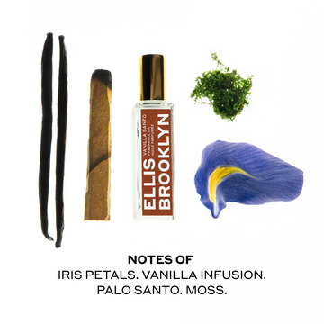 Vanilla Santo Fragrance Oil 15ml with vanilla beans, palo santo, iris petal, and moss on white background above black text that reads 