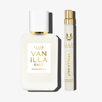 Vanilla Salt 50ml Eau De Parfum and Vanilla Salt 10ml Eau De Parfum Travel Spray on white background. | english_image
