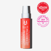 Peaches Hair and Body Fragrance Mist 50ml on white background with red Allure The Beauty Export Best of Beauty Award Winner Clean Beauty 2023 badge, and pink 2024 New Beauty Award Winner The Beauty Authority badge.