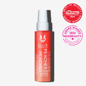 Peaches Hair and Body Fragrance Mist 50ml on white background with red Allure The Beauty Export Best of Beauty Award Winner Clean Beauty 2023 badge, and pink 2024 New Beauty Award Winner The Beauty Authority badge. | english_image