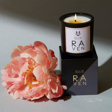 Raven 6.5 oz. Terrific Scented Candle with wick lit on top of black and grey Raven 6.5 oz. Terrific Scented Candle box next to pink flower, on grey background with shadows.