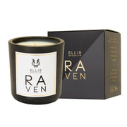 Raven 6.5 oz. Terrific Scented Candle in front of black and grey Raven 6.5 oz. Terrific Scented Candle box, on white background.